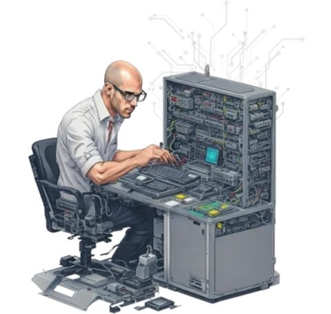 Illustration of person at a desk fixing network equipment